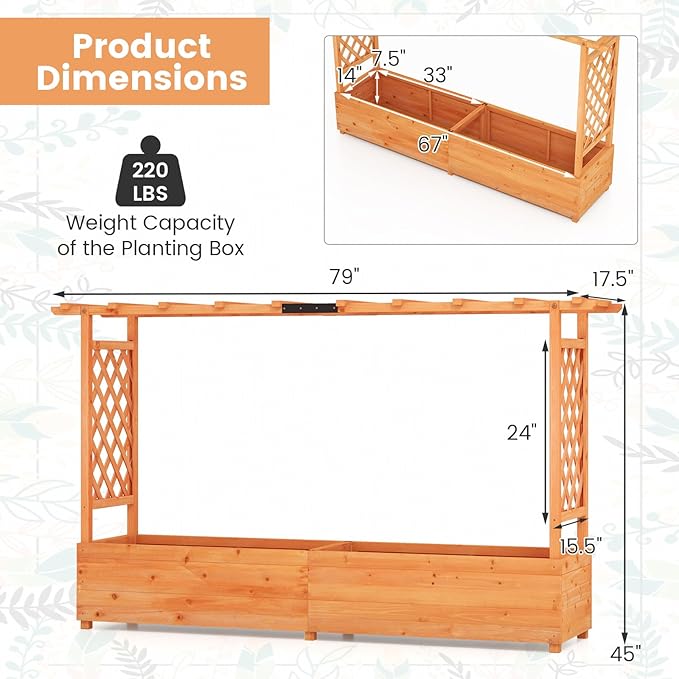 S AFSTAR 45-Inch Raised Garden Bed with Arch Trellis, Hanging Roof, Planter Box, Drainage Holes, Vertical Plant Container for Vine Climbing Plant Flower, Standing Wood Planter for Garden Patio Yard