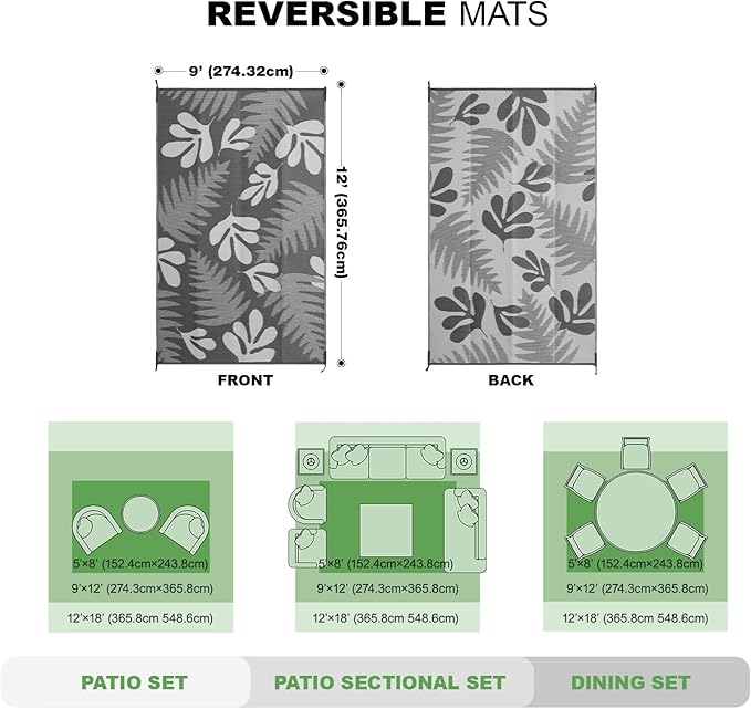 wikiwiki 9x12ft Outdoor Rug, Reversible Plastic Patio Rug Waterproof, Indoor Outdoor Carpet Clearance, Large Area Carpet for Patio Deck Balcony Pool RV Camping Beach Picnic, Grey Small Leaves