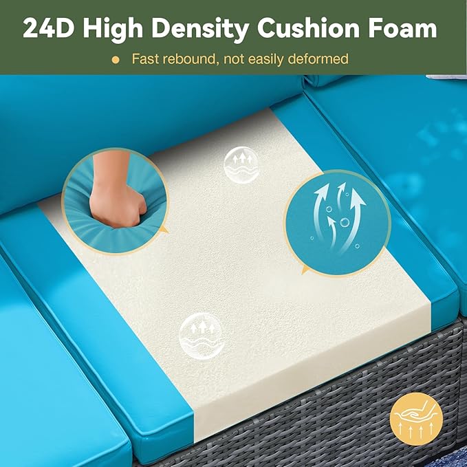 Aoxun Replacement Cushions for Outdoor Furniture, 14-Piece Outdoor Cushions for Patio Furniture, Deep Seat, Splash-Proof & Fade Resistant Couch Cushion for 6-Seat Patio Conversation Sets, Sky Blue