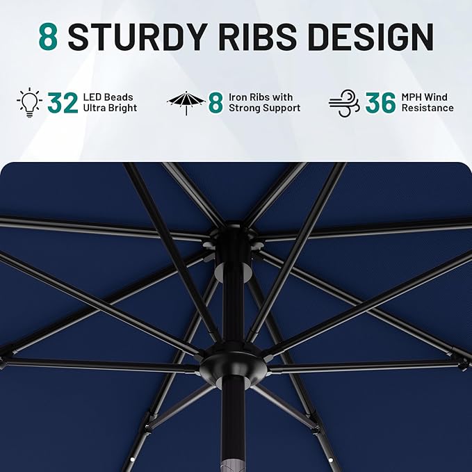 AreShark 9FT Patio Umbrella with Solar Lights, 32 LED Lighted Pool Umbrella w/Tilt and Crank, Outdoor Market Solar Umbrellas for Garden, Deck, Backyard, Pool and Beach, Navy