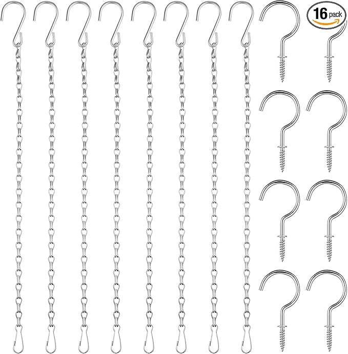 Hotop 8 Pcs Metal Hanging Chains with Ceiling Hooks, Garden Plant Hangers for Hanging Bird Feeders, Billboards, Chalkboards, Basket, Planters, Lanterns, Wind Chimes, Chain Hook DIY(16.38 Inch,Silver)