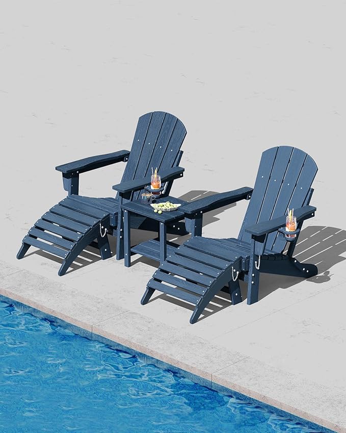 Folding Adirondack Chair Set of 4 with Ottoman, All-Weather HDPE Outdoor Chair, Wooden Textured with Cup Holder for patios, Decks, Gardens, fire pits, Navy Blue