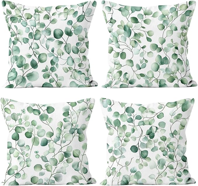 Watercolor Pillow Covers 18x18 inch Set of 4, Green Eucalyptus Leaf Botanical Wall Cushion Case Outdoor Sofa Throw Pillows Cover Garden Pillow Covers for Couch Living Room Bed Indoors Home Decor