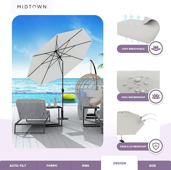 Midtown Umbrellas - 10-Year-No-Fade 10 Ft Patio Umbrella with Terylast Fabric, Auto-Tilt Aluminum Frame and 8 Reinforced Ribs for Deck, Pool, Garden & Beach - Off White Canopy, Black Pole