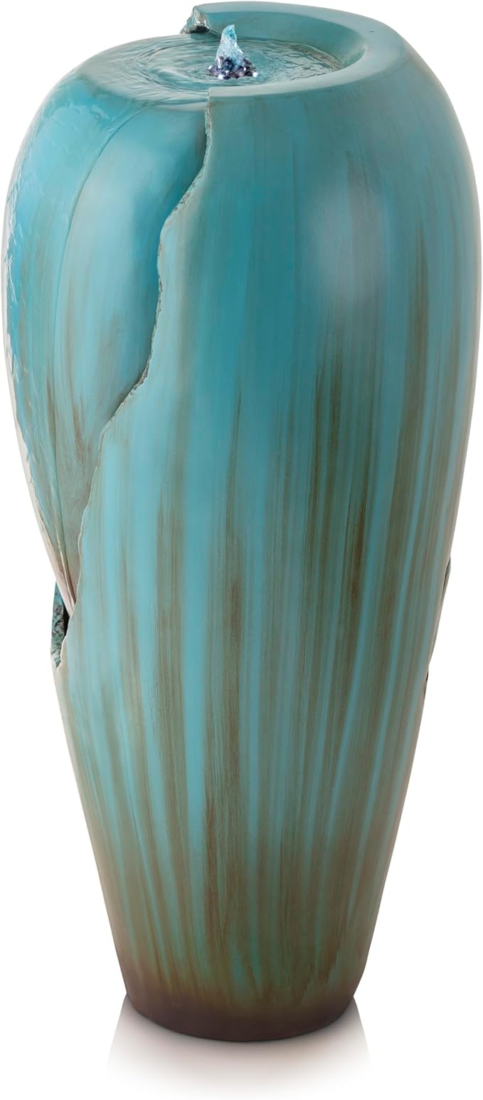 Alpine Corporation 33" Tall Outdoor Antique Jar Water Fountain, Vintage Cascading Design with LED Lights, Garden, Patio & Yard Decor, Turquoise