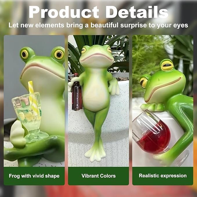 Upriver 3 PCS Tipsy Resin Frog Figurines, Miniature Frog Statue Plant Decorations for Pots,Funny Frog Planter Pot Hugger for Garden, Patio, Lawn, Balcony