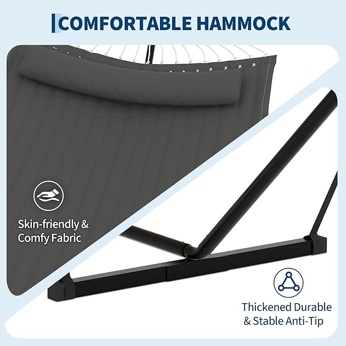 GarveeLife 2 Person Double Hammock with Stand and Pillow - 450 Lbs Capacity Heavy Duty Hammock with Balance Rope, Large Outdoor Hammock for Patio Backyard Poolside