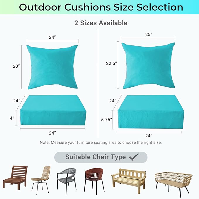 Outdoor Cushions for Patio Furniture,Outdoor Seat Cushion Set 24 x 24 x 4 Inch,Waterproof & Fade Resistant Outdoor Chair Cushions,Deep Patio Chair Cushion with Removable Cover,Teal