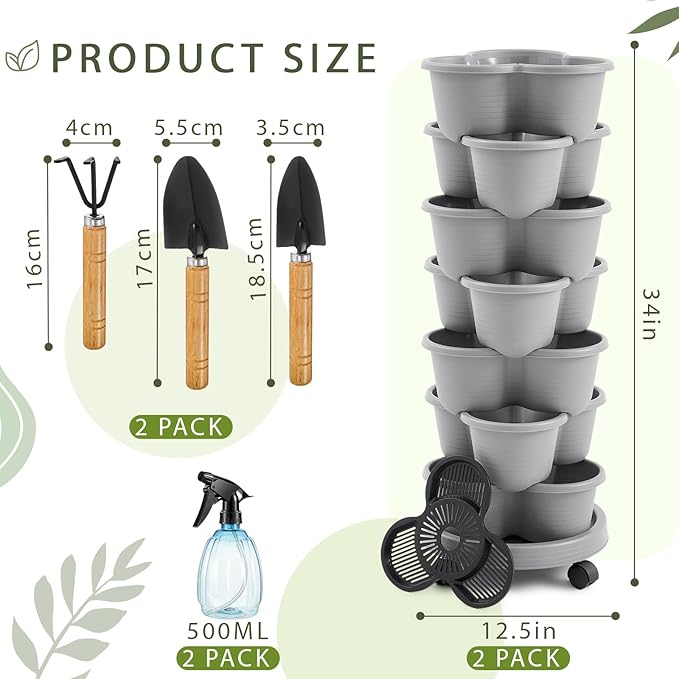 Umigy 2 Set of 7 Tier Stackable Vertical Planters with Removable Wheels and Tools Tower Planters Strawberry Herb Flower Vegetable Pots Indoor Outdoor Gardening Pots(Light Gray)