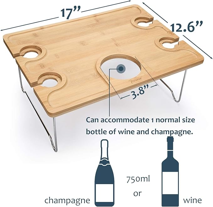 Tirrinia Portable Wine Picnic Table, Ideal Wine Gift for Women Men, Small Folding Outdoor Picnic & Cheese Tray with 4 Wine Glasses Holder for Camping, Park, Beach, Garden, Concerts,Steel Legs