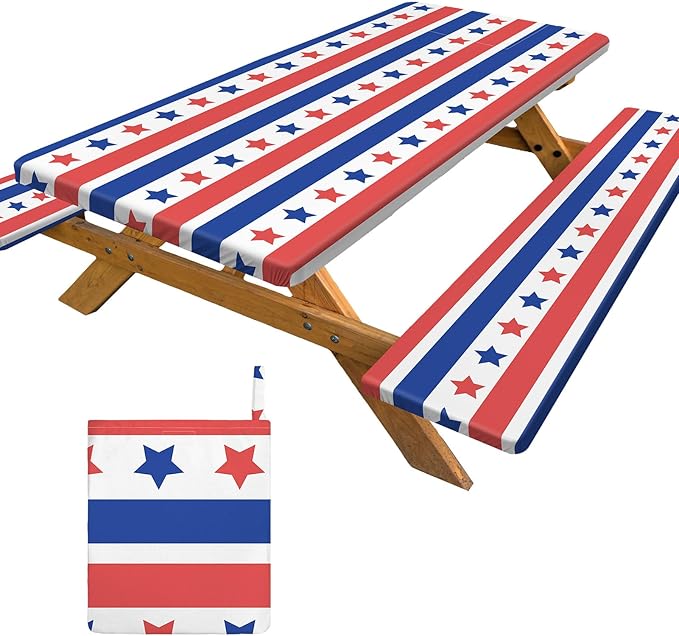pickyNproud Picnic Table Cover with Bench Covers Portable Table Cloth Built-in Storage Pocket Picnic Table Covers with Elastic Waterproof Camping Essentials for RV Camping