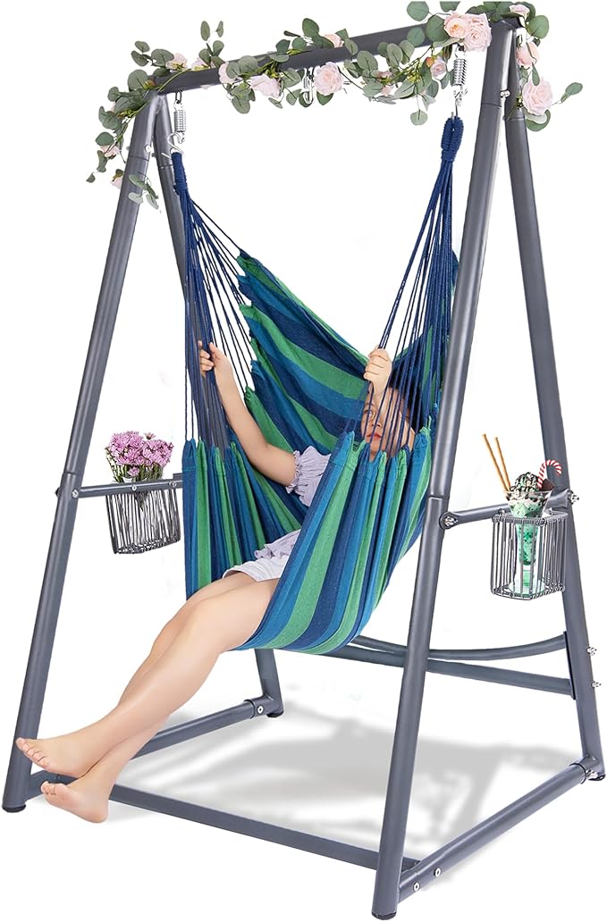 Hammock Chair Hanging Rope Swing & Stand Set with Two Holders, Heavy Duty Hanging Stand with Three Hooks, Multi-Use for Indoor Outdoor Patio Yard Garden(Grey & Blue)
