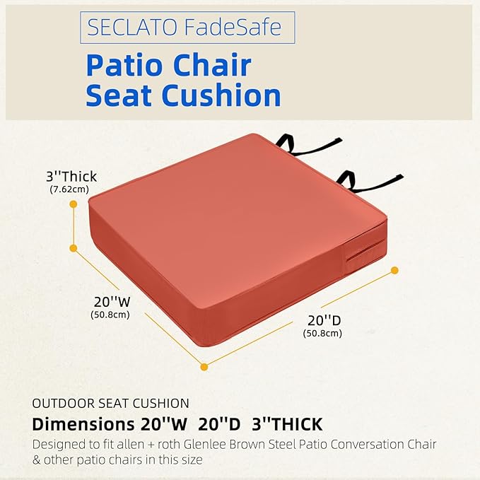 Patio Chair Cushion 20x20 Inch Waterproof Outdoor Seat Cushions for Patio Furniture 5-Year Color Fastness Garden Sofa Couch Chair Pads with Handle and Adjustable Straps, 2 Pack, Spice