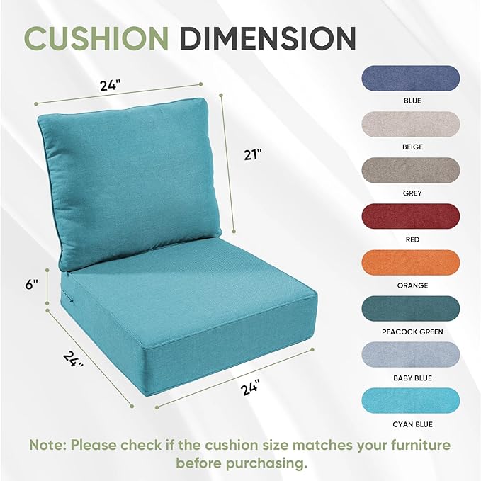 Outdoor Chair Cushion Set, 24x24 Waterproof Patio Chair Cushions, 6" Thickened Seat Cushions for Outdoor, Include 1 Seat Cushion and 1 Back Cushion, Thick/CyanBlue