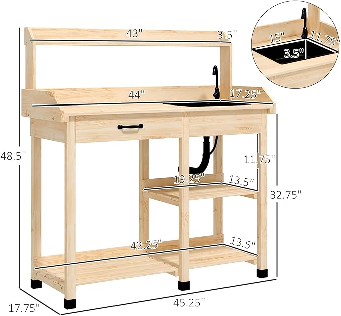 Outsunny Potting Bench Table, Outdoor Garden Table Wooden Work Station with Removable Sink, Faucet, Drawer, Shelves, Hooks, Natural Wood