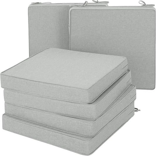 Outdoor Chair Cushions, Water-Resistant & Fade-Resistant, Patio Furniture Square Seat Replacement Chair Pads with Ties, Removable Cover, Non-Slip Bottom, Set of 6, 22 x 22 Inch, Light Grey