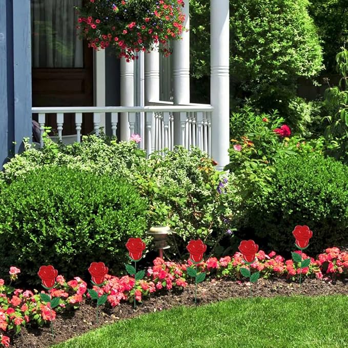YEAHOME Valentines Day Decorations Outdoor, Set of 6 Rose Metal Flowers Decorative Garden Stakes for Valentines Day Decor, Lovely Yard Stakes for Home Lawn Pot Flowerbed Wedding Anniversary