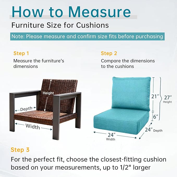Belord Luxury 6" Thick Outdoor Cushion 3 Set - 24 x24 Inch 28D Sponge Filling Fade-Resistant Chair Cushion, Spill Proof Removable Patio Furniture Replacement Cushion for Sofa Bench Swing - Turquoise