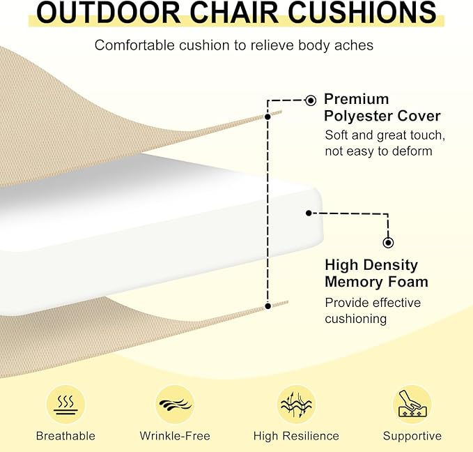 downluxe Outdoor Chair Cushions Set of 6 for Patio Furniture, Water-Resistant Patio Chair Cushions with Ties, High Density Foam Outdoor Seat Cushion, 17" X 16" X 2", Beige