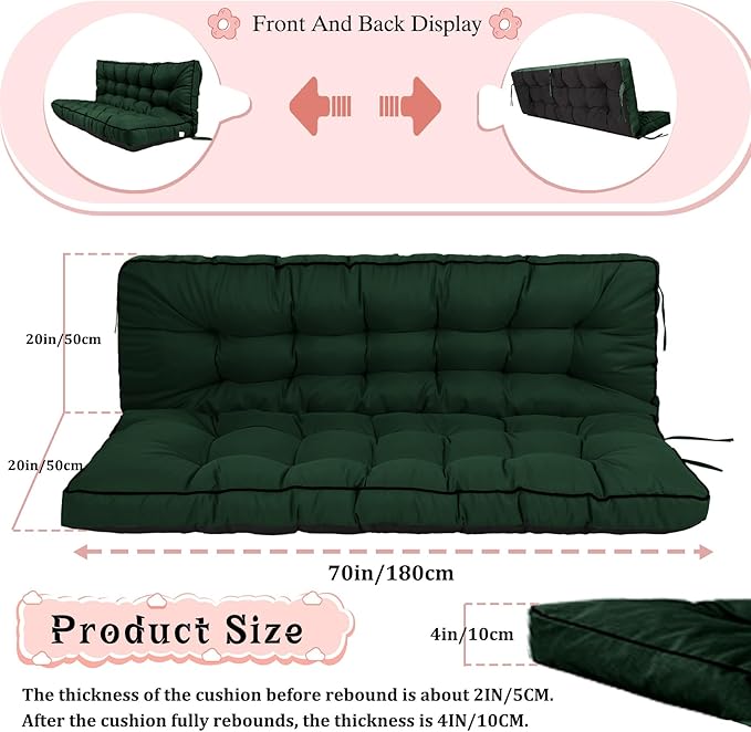 2-3 Seat Swing Replacement Cushion, Outdoor Bench Cushions with Backrest Thicken 4", Patio Furniture Garden Porch Loveseat Glider Pad Anti-Fading Waterproof (Dark Green, 40x70in-thicken)
