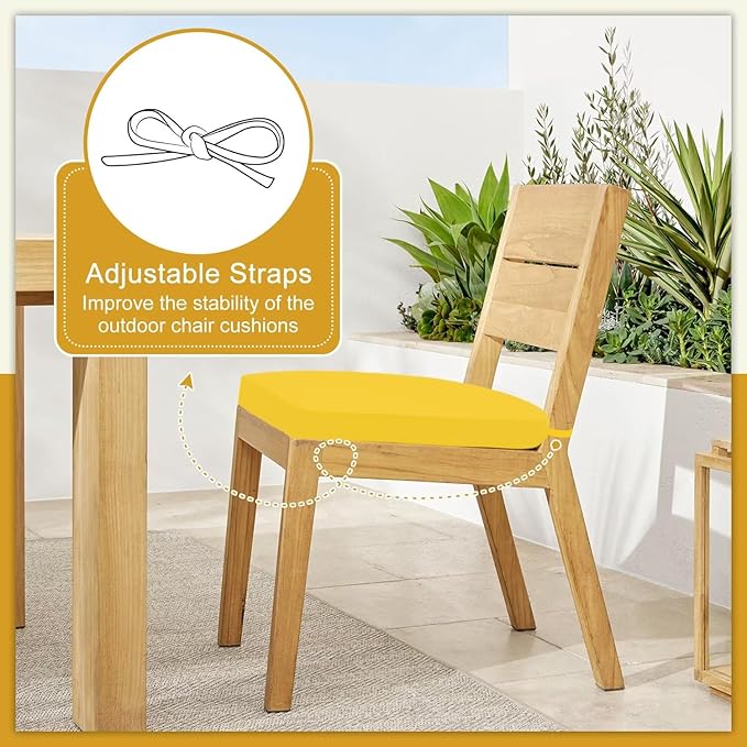 Cozyide Outdoor Chair Cushions, Waterproof Patio Seat Cushions with Adjustable Straps, Round Corner Patio Chair Cushions for Garden, Yellow, 17x16x2 Inch (Pack of 4)