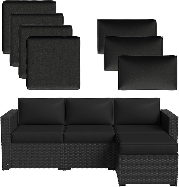 Aoxun Patio Furniture Cushions for Outdoor Furniture Set of 4, Thick Replacement Patio Couch Cushions for Outdoor Furniture, 7-Piece Splashproof Fade Resistant Outdoor Couch Cushions, Black