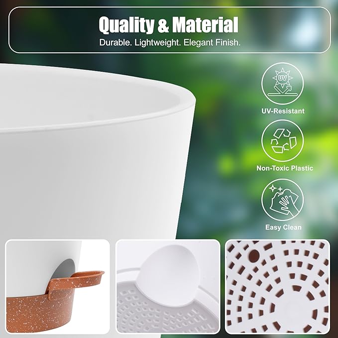 Self Watering Planter Pots Set of 5-7", 6.5", 6.02", 5.55", 5.08" Indoor & Outdoor Flower, Herb, and Succulent self Watering pots with Saucer Reservoir, Drainage System, and Modern White Design