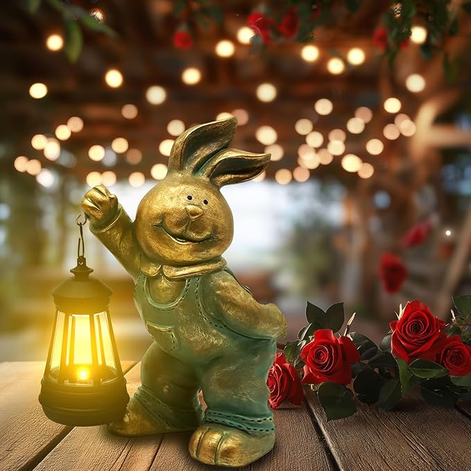 Outdoor Bunny Statue Solar Lantern for Garden Yard Lawn Patio Bronze Rabbit Figurine Decorations Housewarming for Mom Grandma Women