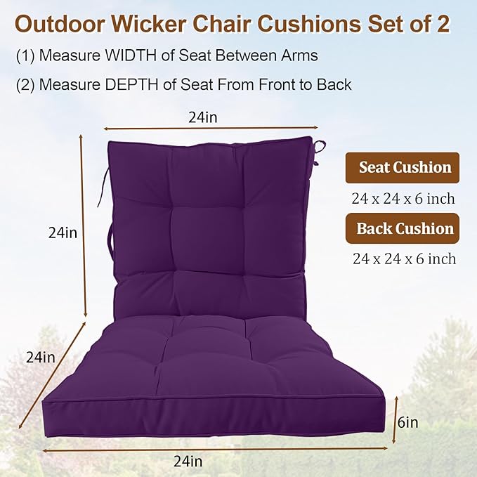 2 Piece Outdoor Patio Chair Cushions, Fade Resistant Outdoor Cushions for Patio Furniture, 6 inch Thickened Rocking Chair Cushions Set (Purple, 24x24x6 inch - 2 Pieces)