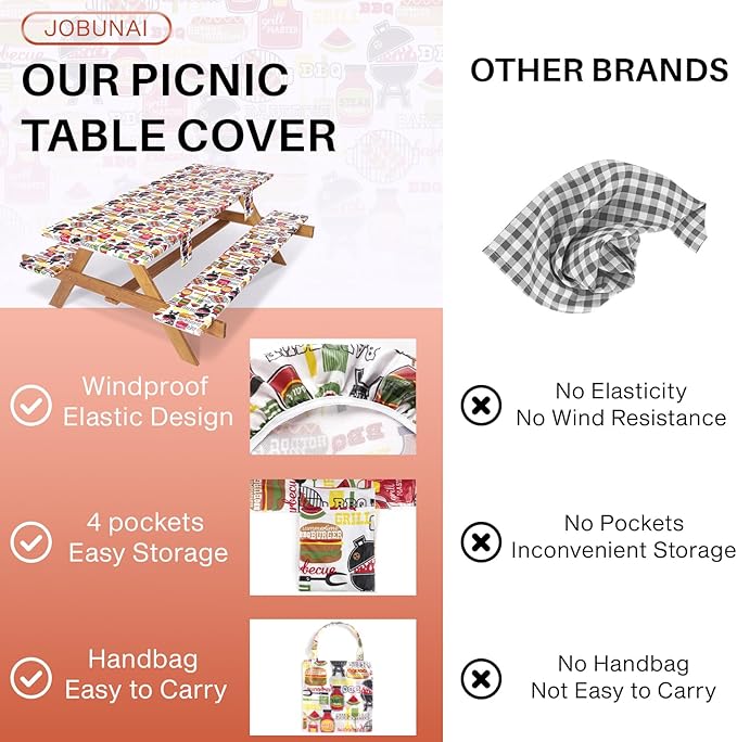 3 Piece Picnic Table Cover with Bench Covers Fitted Camping Table Cloths for 6Ft Tables Camper Travel Trailer Must Haves Motorhome Garden Tools Couple Wife Husband Boyfriend Girlfriend Gift