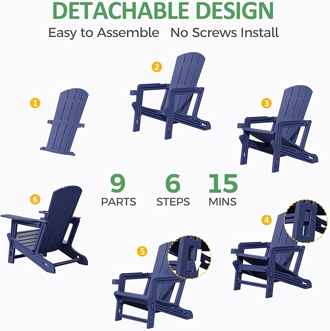 Adirondack Chair, All Weather Plastic Adirondack Chairs, Fire Pit Chairs with Cup Holder, Outdoor Lawn Chair for Patio, Garden, Backyard, Navy Blue