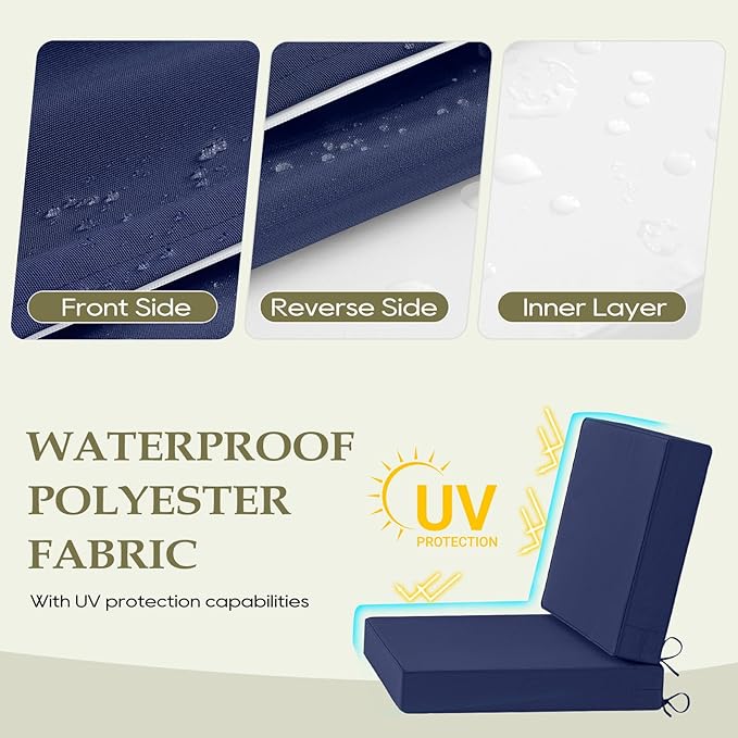 Wellsin Outdoor Cushions for Patio Furniture, Waterproof Outdoor Seat Cushions with Ties and Handle, 22X22 Outdoor Cushions, Outdoor Deep Seat Cushions with Removable Cover, Navy