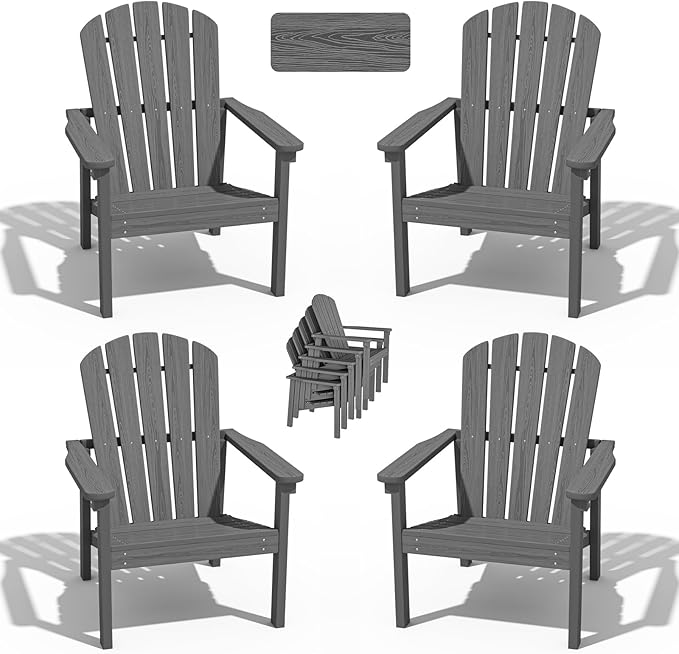 nevilywood Compact Stackable Adirondack Chairs Set of 4, 26.3" Wide HDPE Outdoor Patio Chairs - Durable, Space-Saving Design for Porch, Lawn or Garden, Grey