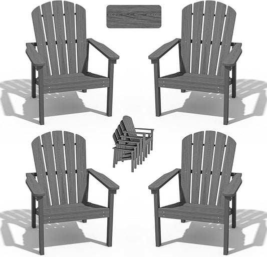 nevilywood Compact Stackable Adirondack Chairs Set of 4, 26.3" Wide HDPE Outdoor Patio Chairs - Durable, Space-Saving Design for Porch, Lawn or Garden, Grey
