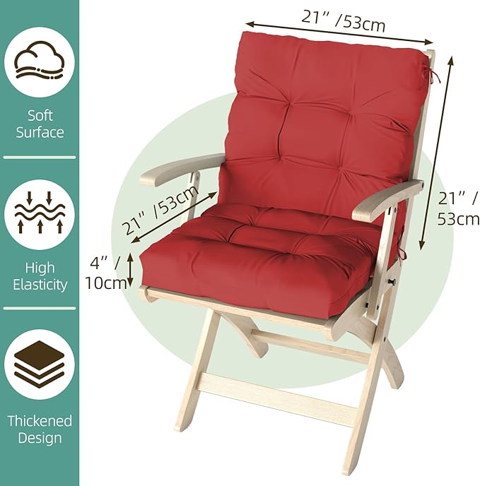 Outdoor Chair Cushions Set of 2, 42x21x4 Inch Patio Cushion for Dining/Rocking Chairs, High Back Soft Seat Pad with Ties, Indoor Outside Use, Fade-Resistant & Waterproof, Red