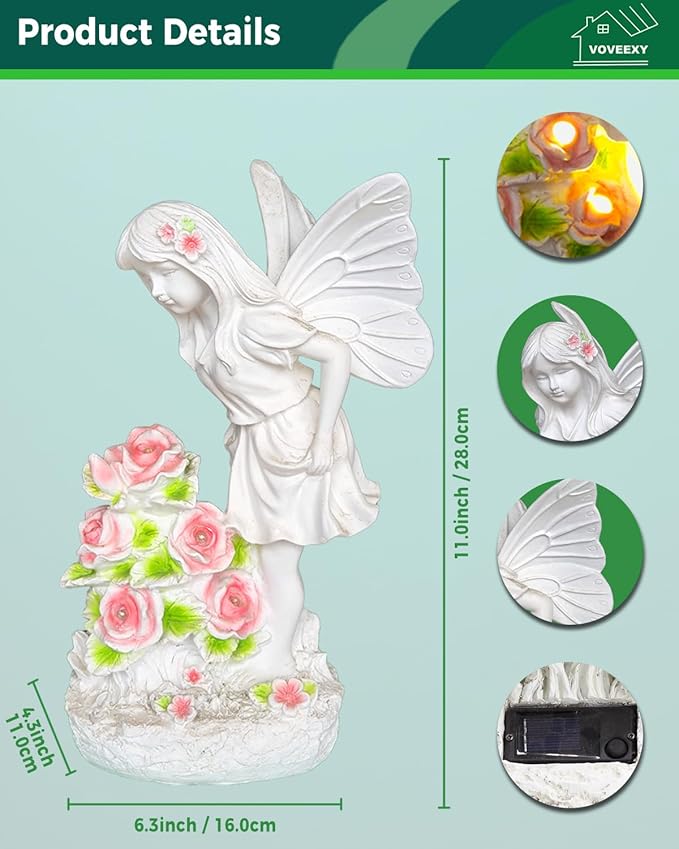 Garden Figurines Angel Garden Statue Outdoor Decor, Solar Powered Resin Sculpture with 5 LEDs Art Decoration for Patio Lawn Yard Porch, Ornament Housewarming Gift, 11“ H