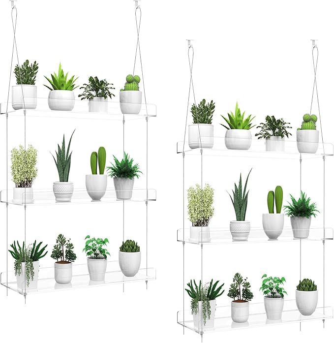 2-Pack Hanging Clear Plant Shelves for Windows, 3-Tier Acrylic Window Wall Plant Stand Shelf for Kitchen Window Indoor Gardens, Flower,Fleshy Plant,Herb, Seedling Organization, and Plants Pots Display