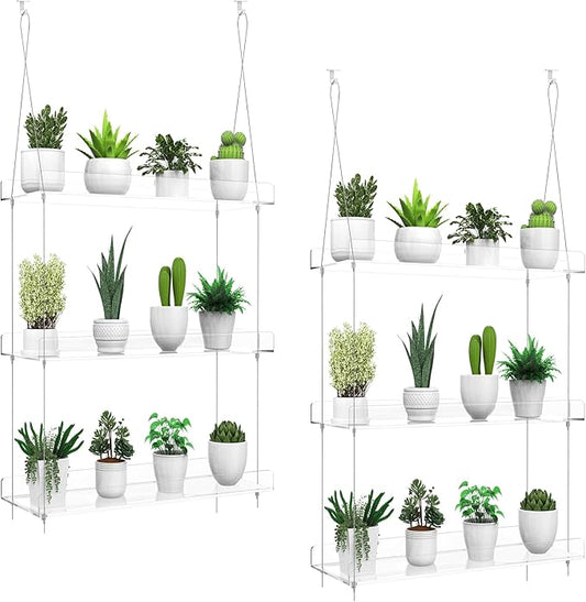2-Pack Hanging Clear Plant Shelves for Windows, 3-Tier Acrylic Window Wall Plant Stand Shelf for Kitchen Window Indoor Gardens, Flower,Fleshy Plant,Herb, Seedling Organization, and Plants Pots Display