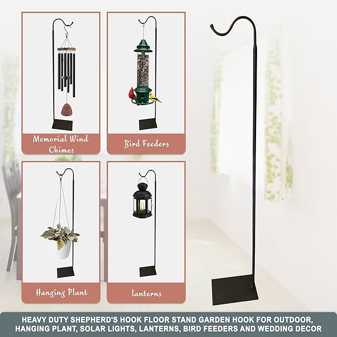 The Wind Chime CO 60" Adjustable Heavy Duty Shepherd's Hook Floor Stand Garden Hook for Outdoor, Hanging Plant, Solar Lights, Lanterns, Bird Feeders and Wedding Decor.