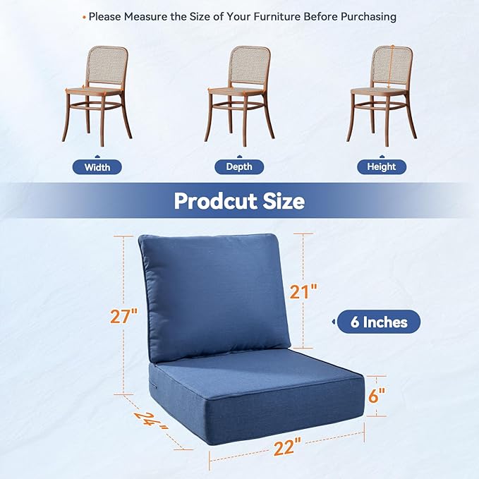 6" Thick Outdoor Cushions 22x24x6, 8-Set Deep Seat Patio Cushions with Removable Cover, Waterproof & Fade Resistant Replacement for Wicker Chair, Loveseat, Sofa - Blue