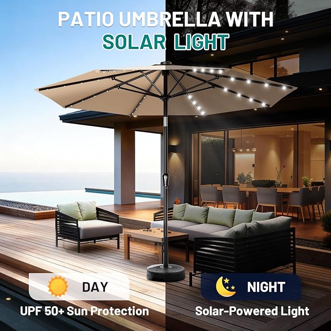 AreShark 9FT Patio Umbrella with Solar Lights, 32 LED Lighted Pool Umbrella w/Tilt and Crank, Outdoor Market Solar Umbrellas for Garden, Deck, Backyard, Pool and Beach, Beige