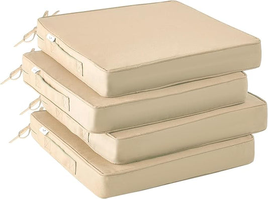 Outdoor Chair Cushions Set of 4 -Waterproof Outdoor Seat Cushions for Patio Furniture, Patio Chair Cushion with Handle and Ties, Square Out Door Chair Pads,18.5" x 16" x 3", Beige