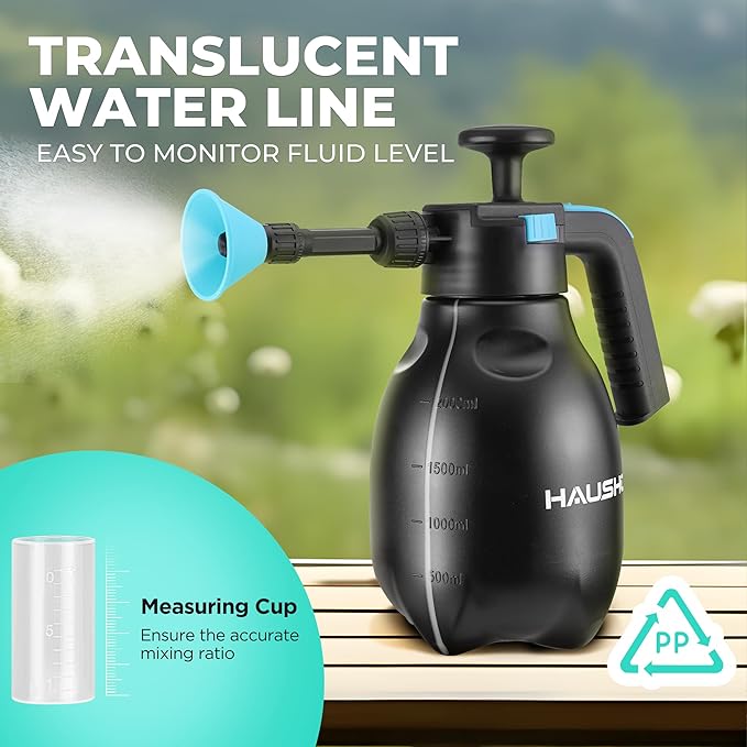 HAUSHOF Hand Pump Sprayer 1/2 Gallon, Pressure Garden Spray Bottle for Plants, Weeds, Flowers, Foam Sprayer Car Detailing with 2 Adjustable Nozzles, Lawn Watering & Outdoor Cleaning, 2L