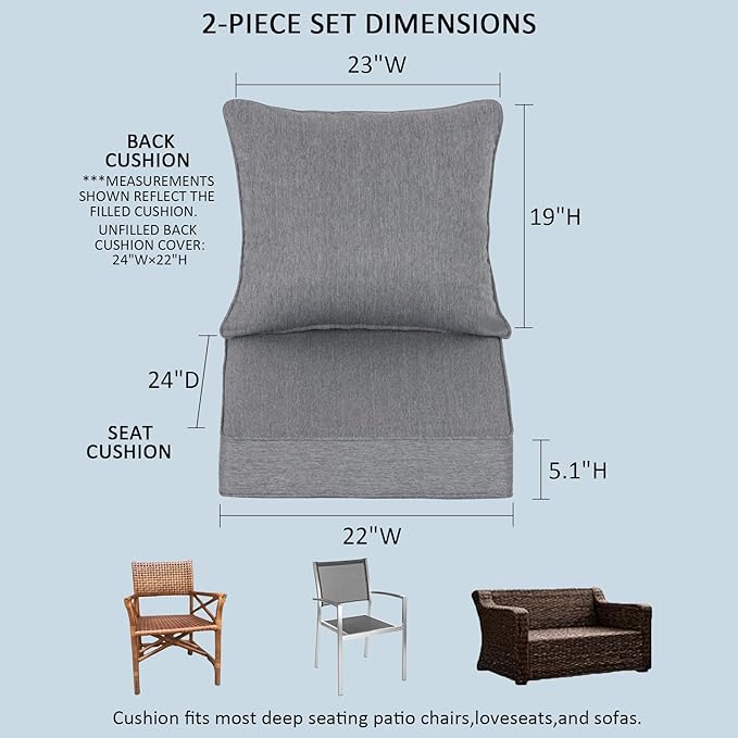 22x24 inch Outdoor Deep Seat Patio Cushions Set of 2,Water-Resistant Deep Seat Bottom Resilient Foam Filling with YKK Hidden Zipper for Patio Furniture,Gray
