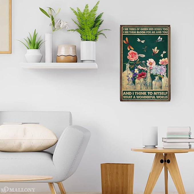 EMOHAT Garden Metal Signs I See Trees Of Green Red Roses Too Dragonfly What A Wonderful World Flower Vase Vintage Metal Sign Retro For Garden Courtyard Cafe Farm Room 8x12 Inches