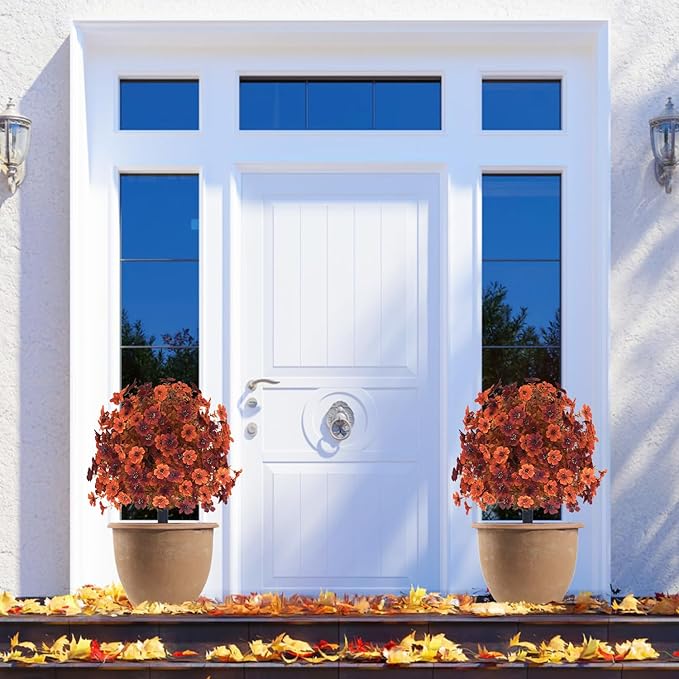 Outdoor Artificial Fall Flowers, UV Resistant Faux Shrub Decorations, Fall Orange and Red Flowers for Front Porch, Patio, Garden, Thanksgiving Decoration (Pack of 2)