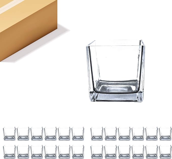 WGV Cube Glass Vase Bulk, Candle Holder, 4"x4"x4", Utility, Clear Elegant Floral Accent Container Planter Terrarium Storage for Wedding Party Ceremony Event Office Home Decor, 24 Pieces