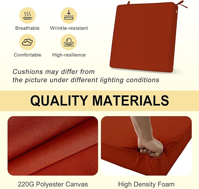 downluxe Waterproof Outdoor Chair Cushions for Patio Furniture, 22" x 22" x 3" Patio Chair Cushion with Adjustable Ties & Portable Handle, Square Outdoor Cushion with Removable Cover, Orange, 2 Pack