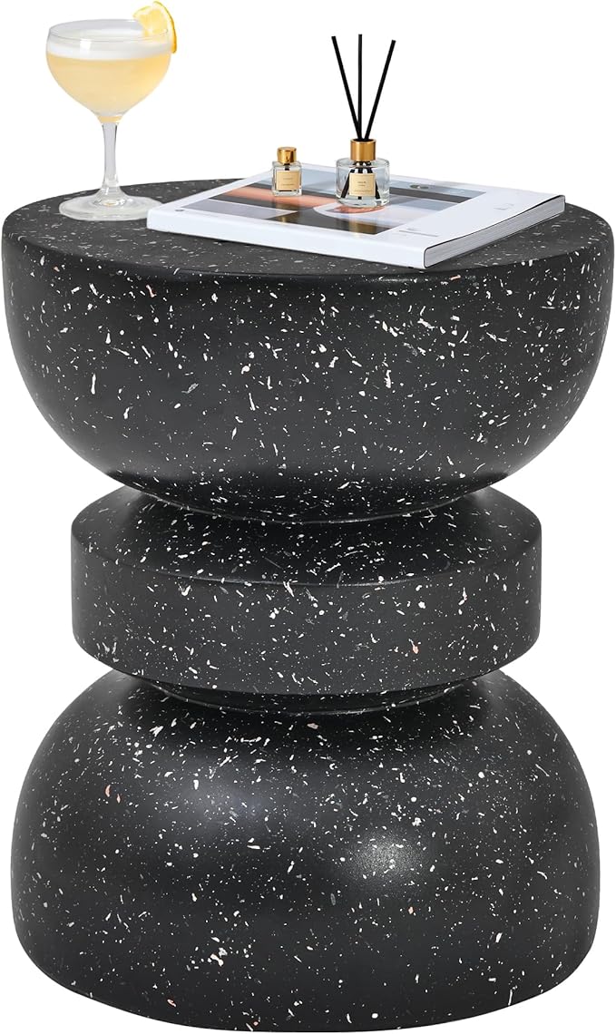 18" H Modern Black Side Table for Living Room, Decorative Terrazzo Finish MGO Outdoor End Table, Versatile as Coffee Table, Stool, Plant Stand, Weather-Resistant for Garden Patio Deck Use
