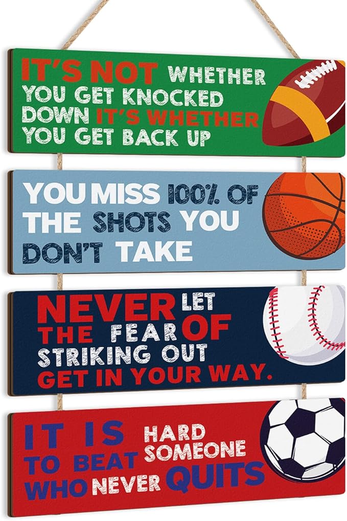 HLNIUC Sport Themed Wall Decor,Football Wood Sign(3.5"x12"),Inspirational Never Give Up Wooden Sign,Basketball Wood Hanging Wall Art For Boys Kids Room Playroom Nursery Decor(Modern style)